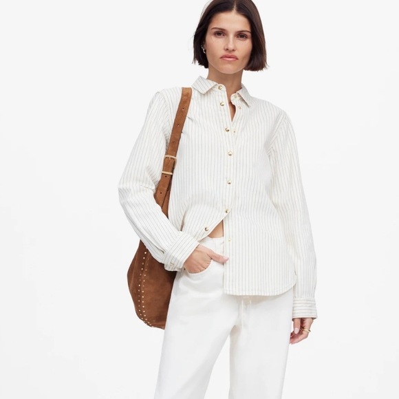 Madewell Denim Classic Button-Up Shirt in Pinstripe Grey Railroad Stripe - Picture 2 of 7